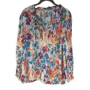 Counterparts Floral Blouse M Long Sleeve Tie Neck Ruffle Lightweight Multicolor